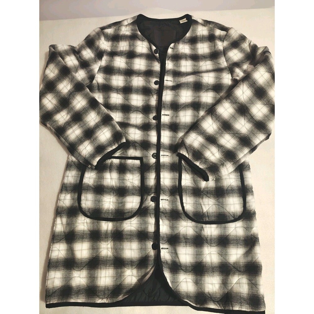 Levi’s Long Puffer Jacket Quilted Plaid Thermore Black White Unisex Small